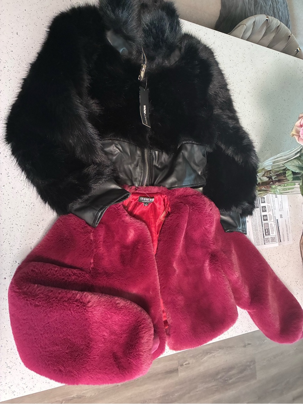 Fashion Nova Black and Burgundy Faux Fur Cropped Jacket